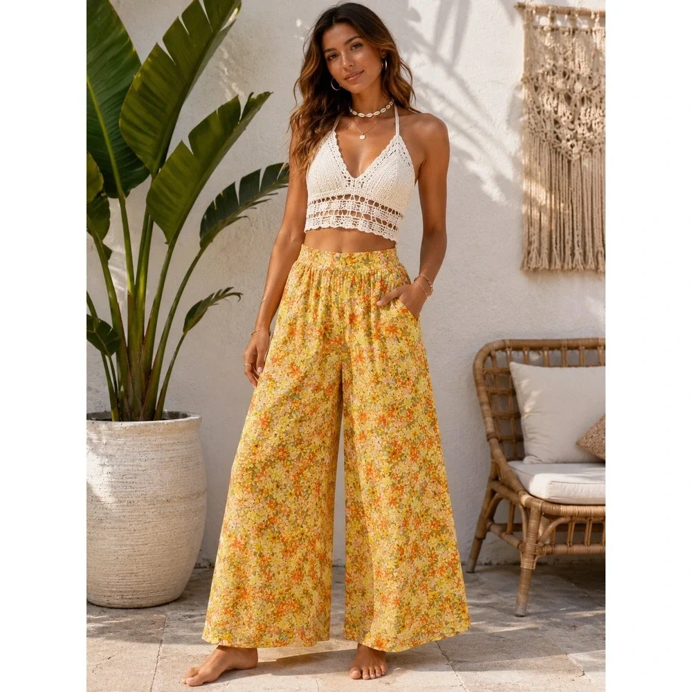 Rip Curl Yellow Floral Gauzy Palazzo Pants Womens L Wide Leg Boho Beach 30x25